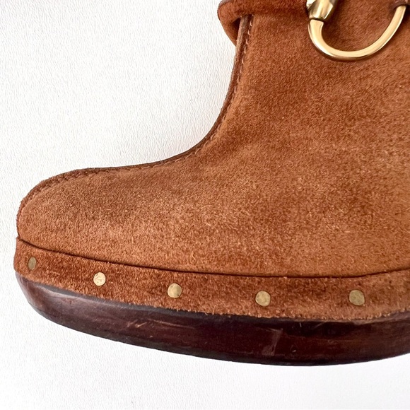 GUCCI | Brown Suede Horsebit Nailhead High Heel Wood Mule Clogs Platform US 8.5 - Picture 13 of 16